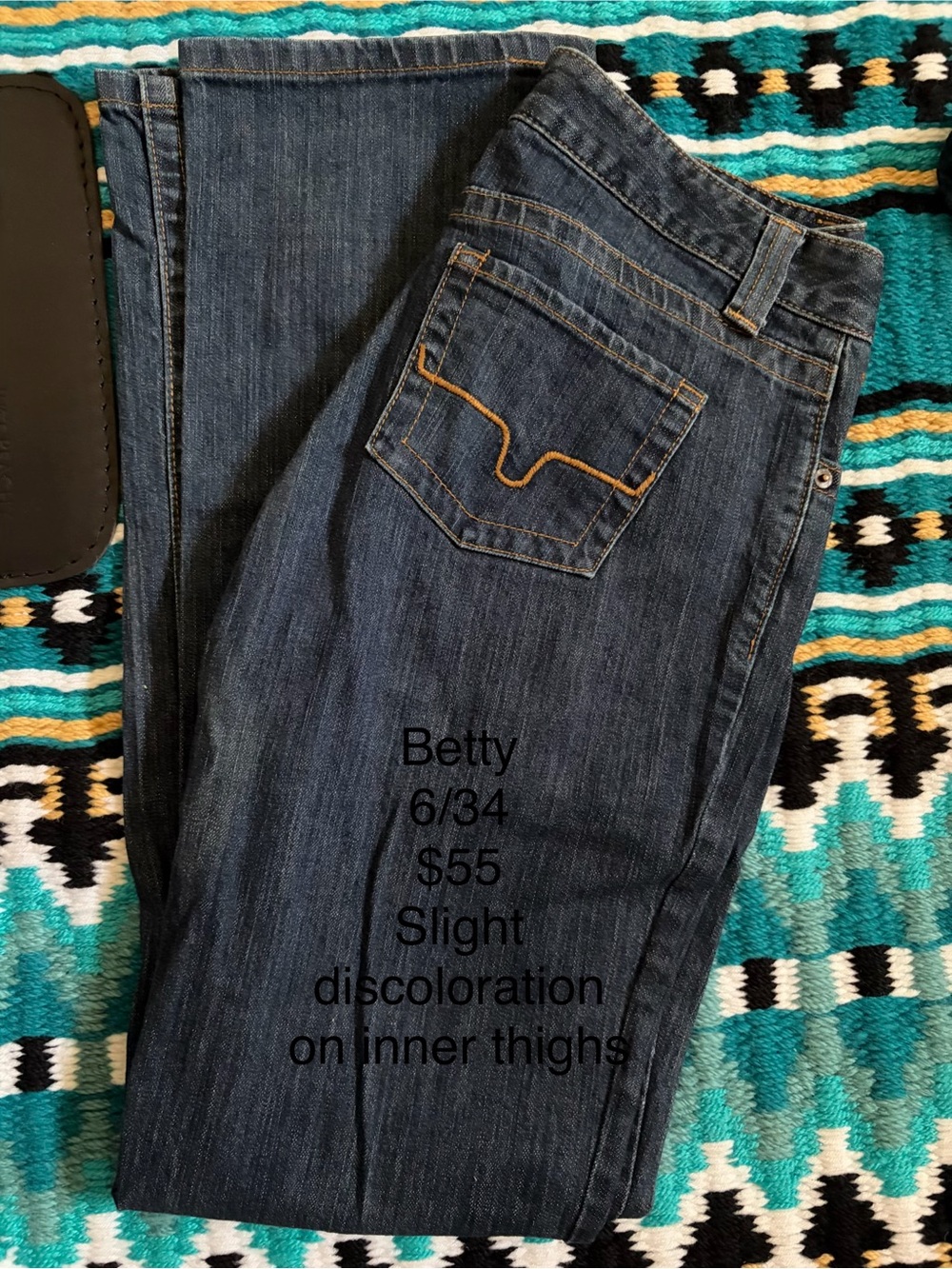 Kimes Ranch Dark Blue Boot Cut Jeans with Gold Stitching